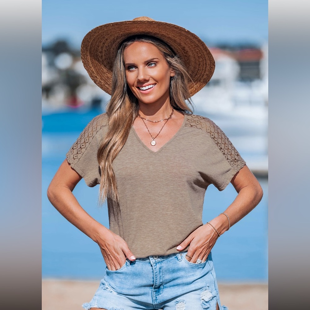 Cupshe Tan Short Sleeve Lace Top